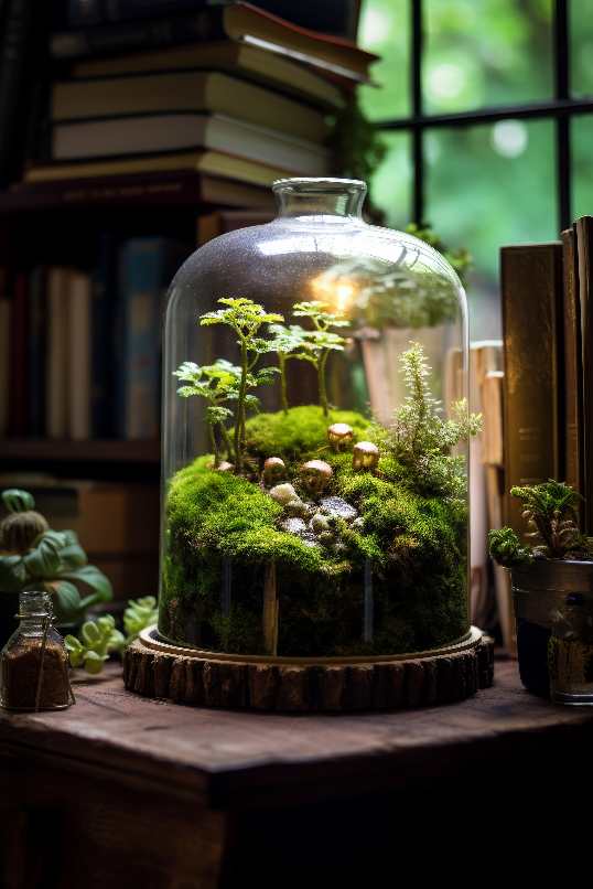 Plant Terrarium with Moss and Forest Scape inside Glass Dome