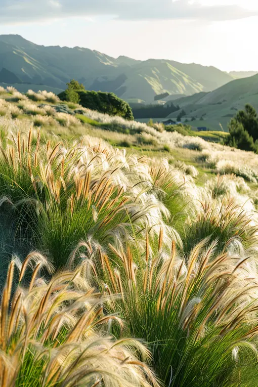 Erosion Control Grass Ryegrass plants on hillside slope with mountains in background