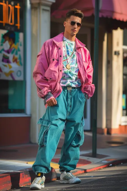 80s clothing mens streetwear fashion pink jacket and teal pants