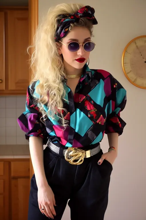 80s Hair Accessories Madonna Fashion Outfit with colorful shirt, black pants and big belt