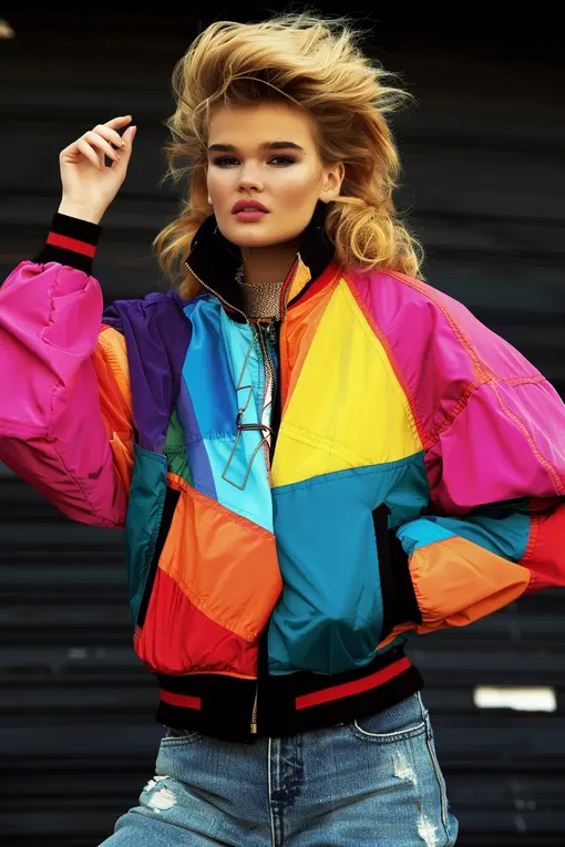 80s clothes colorful streetwear jacket and ripped jeans