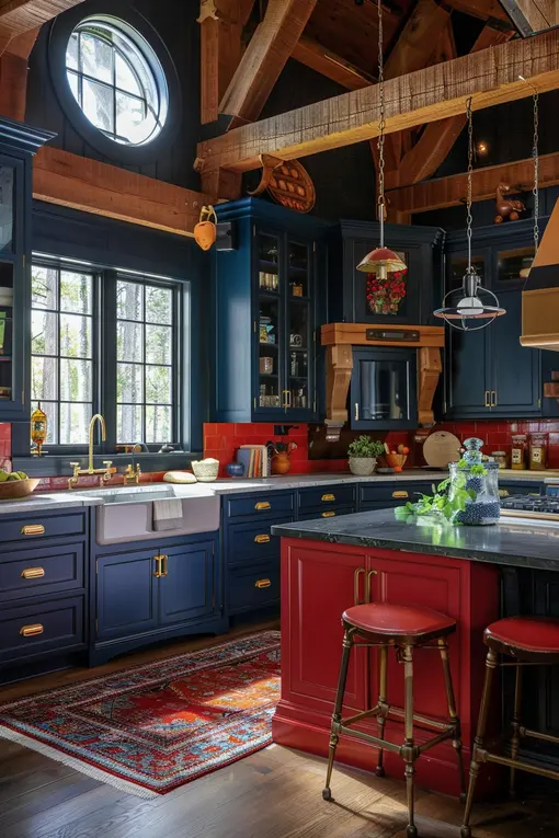 Blue Dark Academia Kitchen with Red Decor and Modern Cottagecore Style