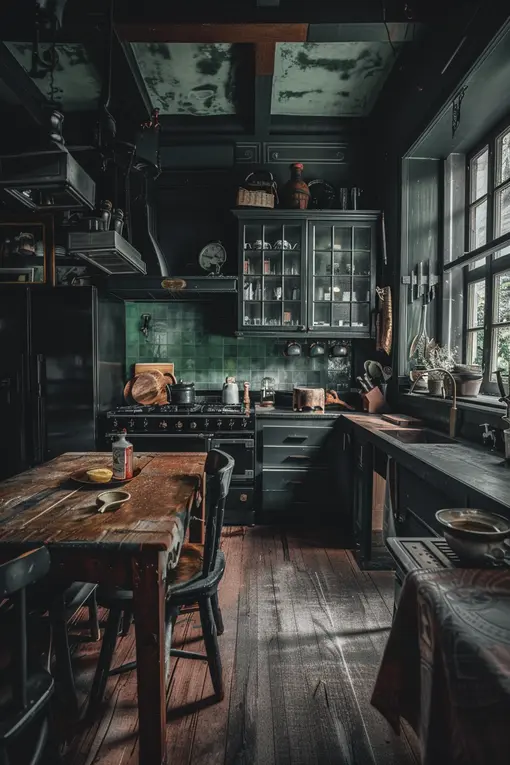 Gray Dark Academia Kitchen with Cottagecore Aesthetic Vibes