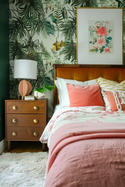 Feminine Women's Bedroom - Mid-Century Modern - Green Pink