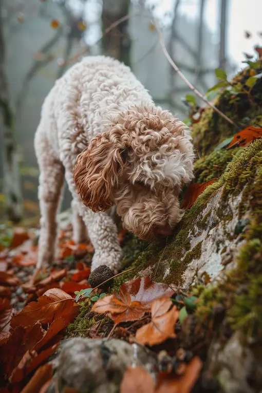Italian Truffle Dog Lagotto Romagnolo in the woods in fall