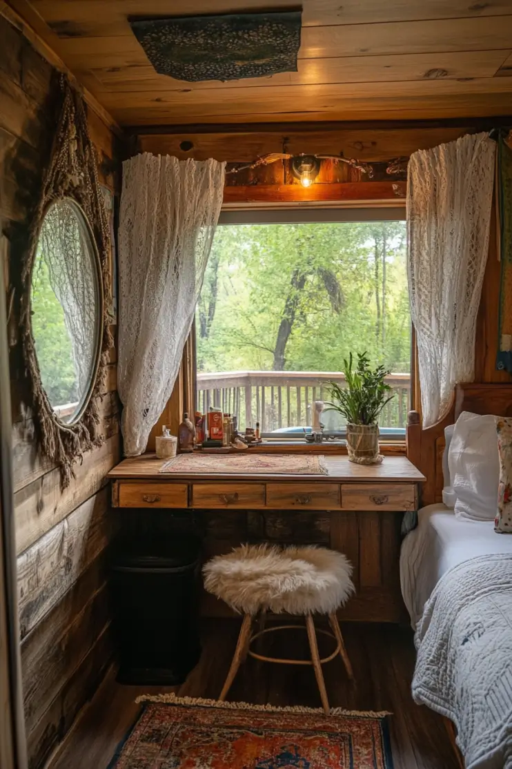 White boho bedroom corner with a rustic wood vanity, fluffy white stool, and soft lace curtains, creating a cozy and serene space filled with natural light and greenery