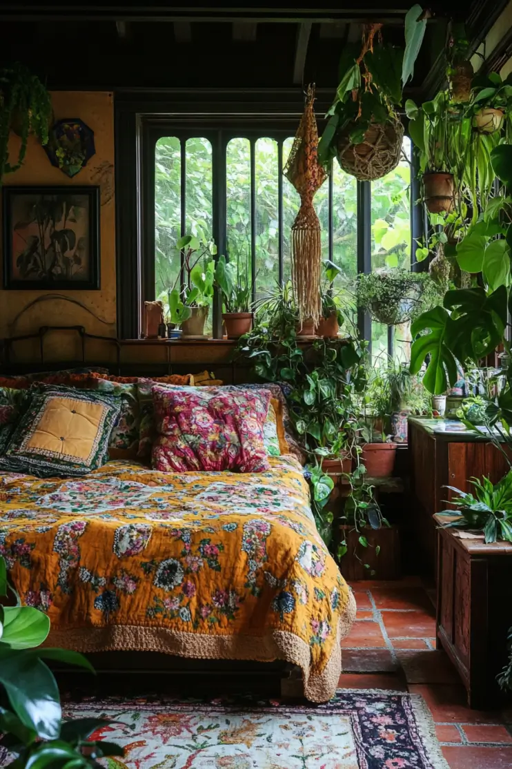 Boho bedroom with vibrant floral bedding, layered textiles, and lush plants, creating a cozy, earthy retreat filled with natural light and greenery