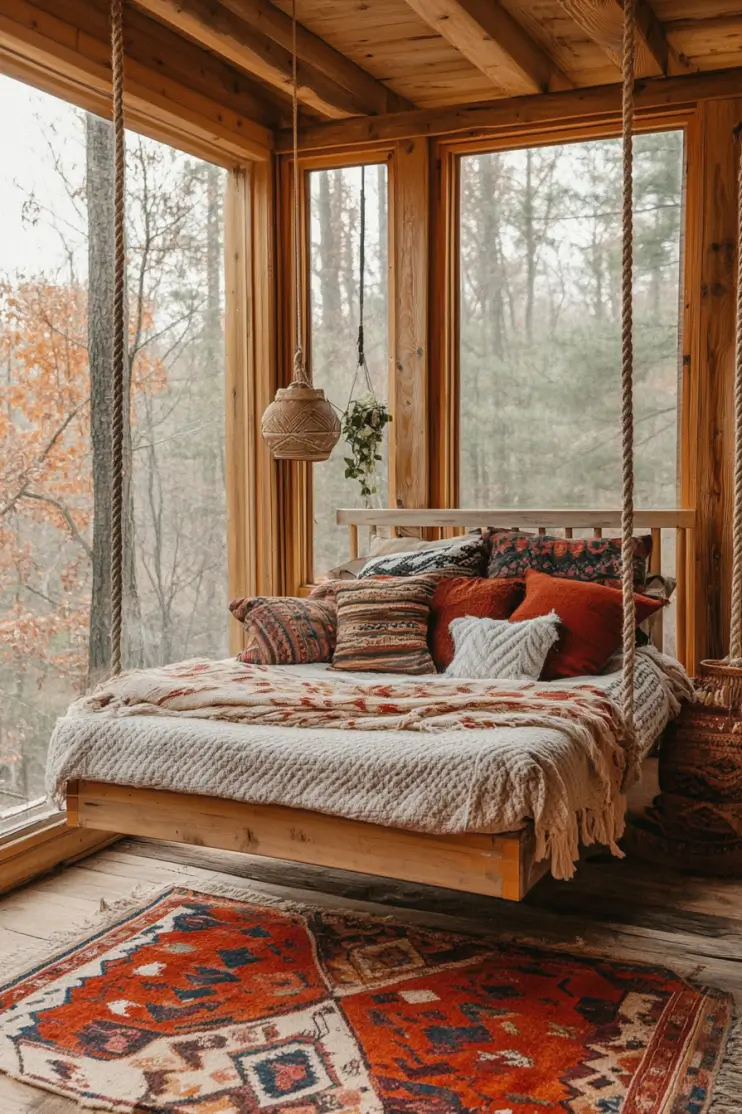 Boho bedroom with a rustic hanging bed, layered blankets, earthy pillows, and soft natural light, creating a warm and inviting retreat.