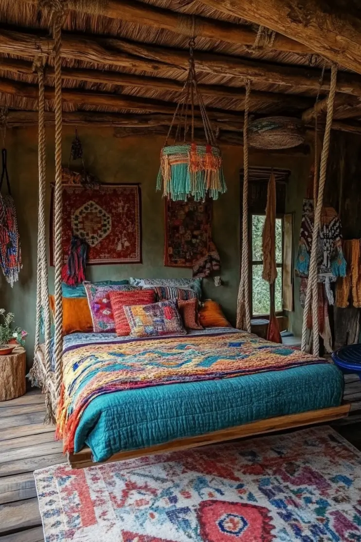 Boho bedroom with a hanging bed, vibrant layered textiles, rope accents, and rustic wood elements, creating a cozy and artistic retreat