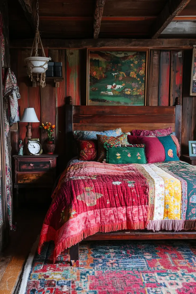 Boho bedroom decor with rustic wood, vibrant layered bedding, and textured pillows, creating a cozy and eclectic boho chic bedroom retreat