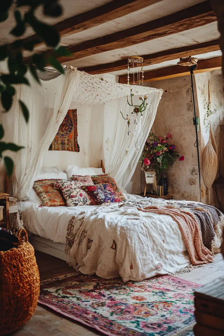 Bright boho bedroom with flowing canopy, rustic wooden beams, and layered textiles in natural light