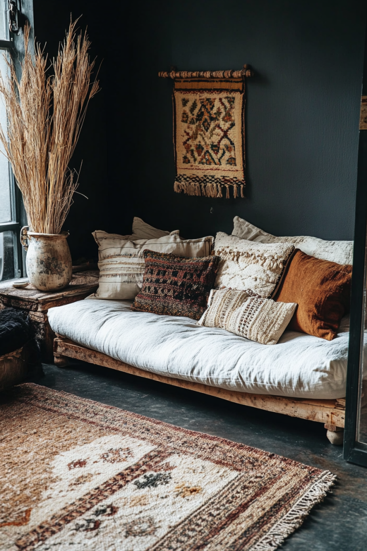 Cozy boho bedroom lounge corner with layered textured pillows, a rustic daybed, and a woven rug, creating a warm and inviting space with bohemian decor elements