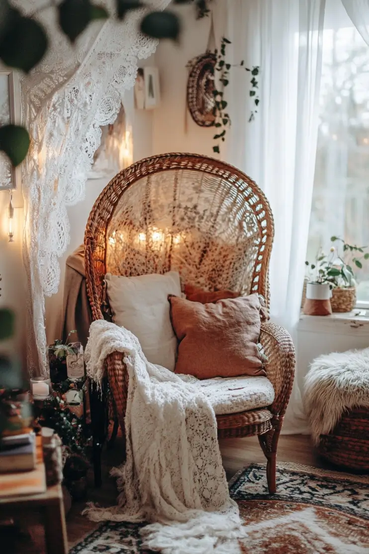 Boho bedroom reading nook featuring a wicker chair with layered pillows, soft throws, and warm ambient lighting, creating a cozy and inviting space