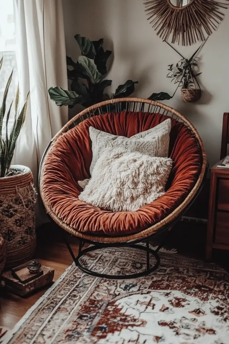 Inviting boho bedroom reading corner with a plush papasan chair, textured pillows, and earthy accents, creating a warm and relaxing space