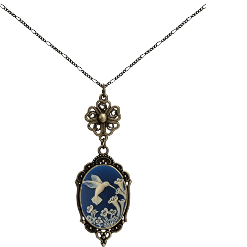 Dark academia style hummingbird necklace with a delicate blue brass pendant.