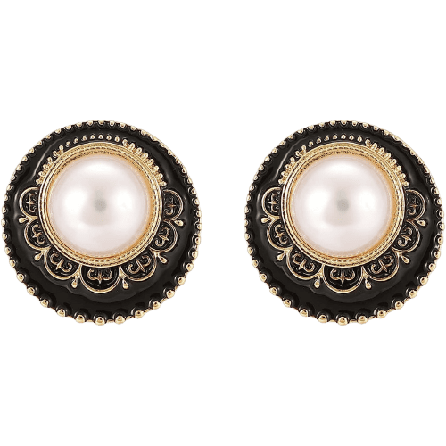 Dark academia black pearl earrings with a vintage round disc design.