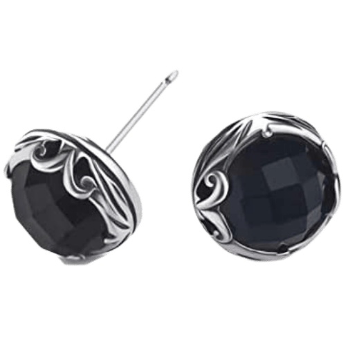 Dark academia onyx stud earrings with elegant sterling silver swirls.