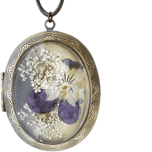 Dark academia pressed flower locket with vintage photo storage.