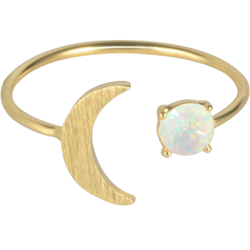 Dark academia moon opal ring with yellow gold plating and a mystical aesthetic.