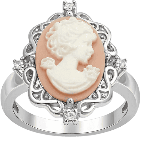 Dark academia pink cameo ring in sterling silver for a vintage look.