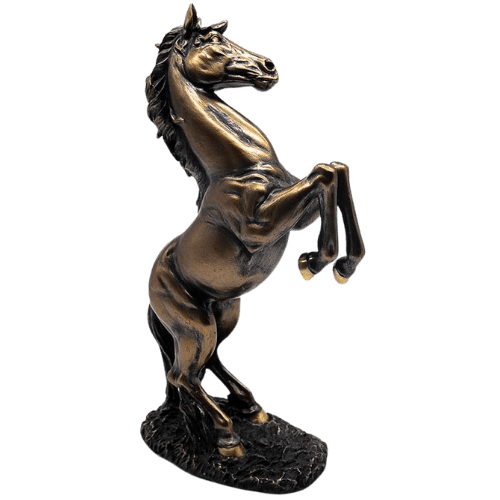 A vintage-style bronze horse statue, 12 inches tall, featuring a rearing posture, perfect for dark academia-inspired decor