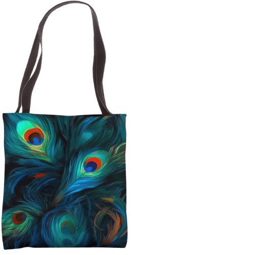 Dark academia tote bag with peacock feather art design.