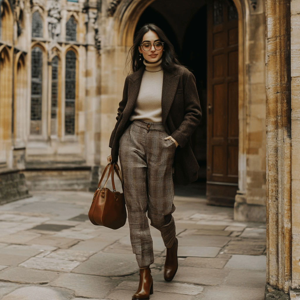 Woman in a Dark Academia outfit with a wool coat, plaid trousers, and leather accessories in a historic courtyard