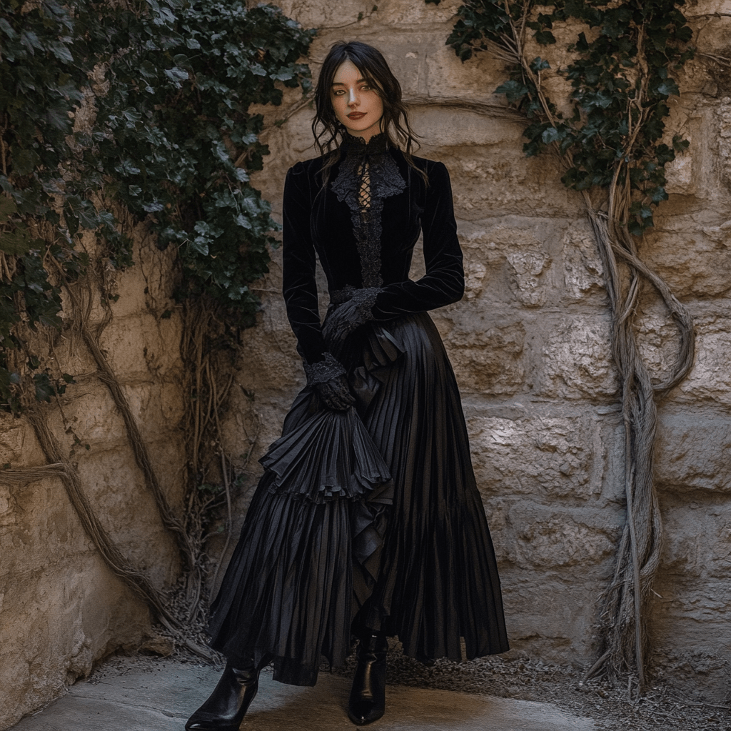 Woman in a Gothic-inspired black velvet blouse and pleated skirt, standing against an ivy-covered stone wall