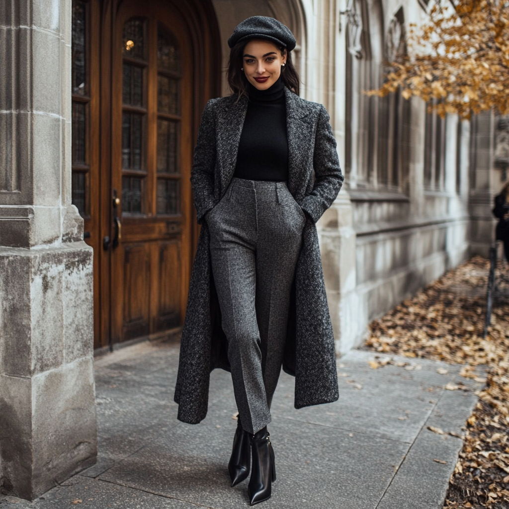 Woman in a Dark Academia outfit with a long tweed coat, black turtleneck, and beret, standing near a historic building