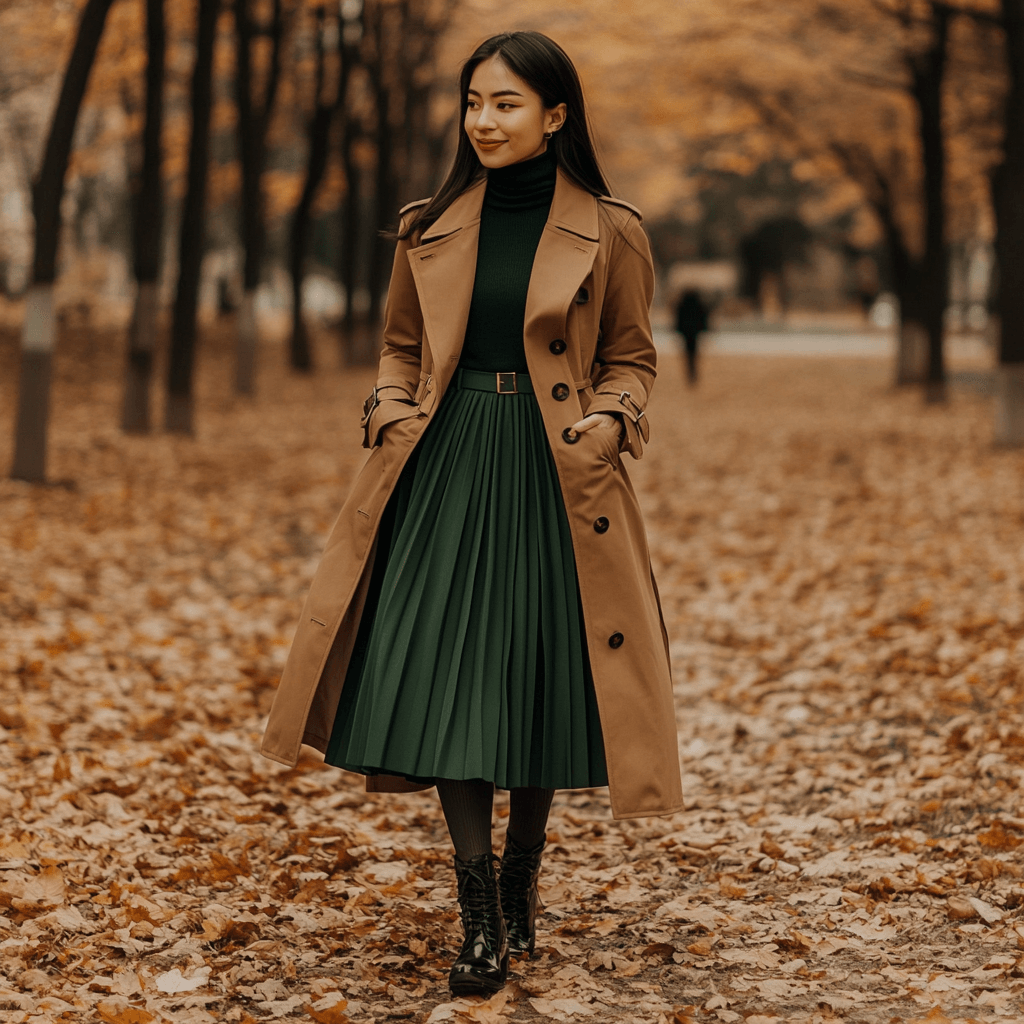 A stylish woman in a green turtleneck and pleated midi skirt, paired with a camel trench coat, walking through a park filled with autumn leaves.