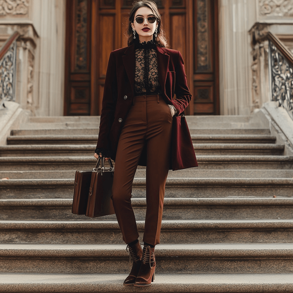 A stylish woman in a lace blouse, high-waisted trousers, and a burgundy coat, carrying a structured leather briefcase in front of a grand building