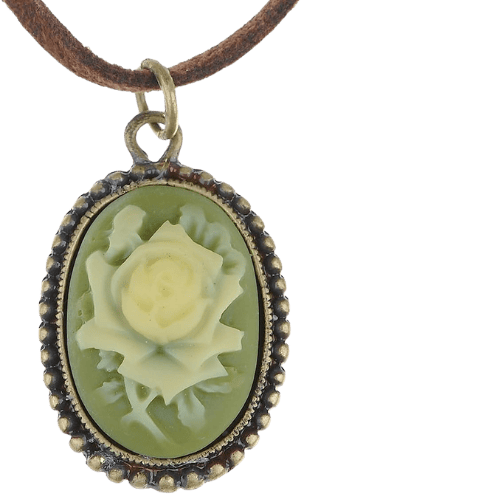 Dark academia green rose necklace with vintage enamel detailing.