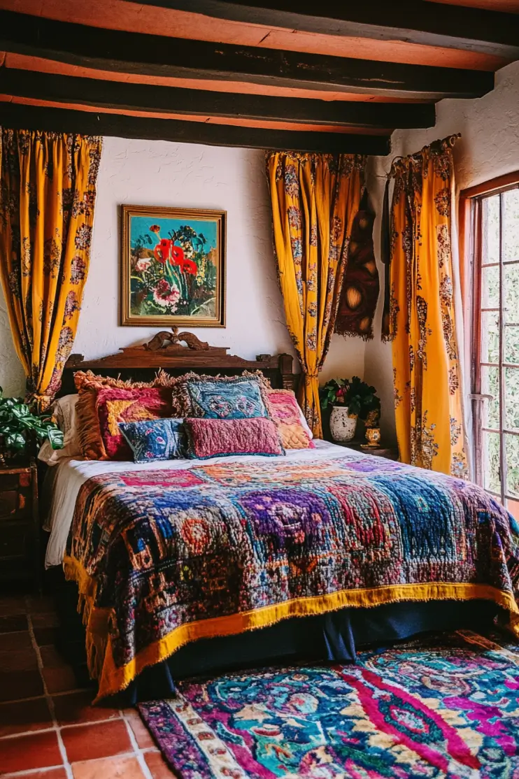 Boho bedroom with vibrant layered bedding, patterned curtains, and rich textures, creating a cozy and eclectic boho chic retreat.