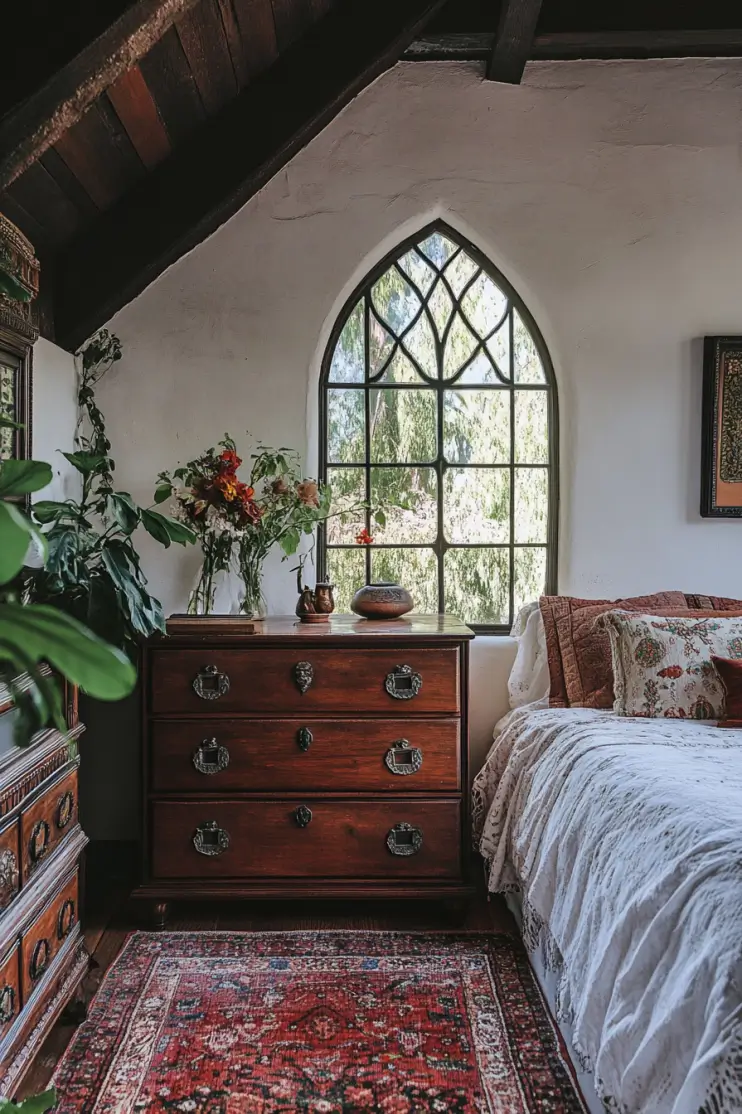 Boho bedroom with a vintage wooden dresser, soft natural light, and cozy bedding, creating a warm, rustic, and inviting atmosphere.