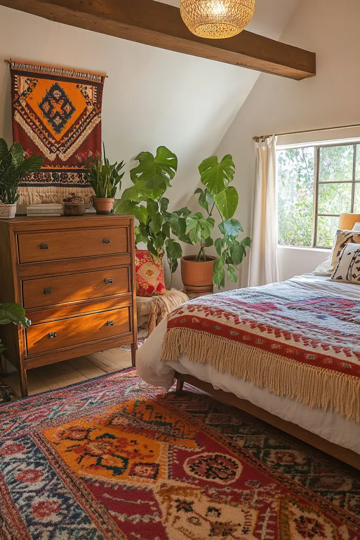 Boho bedroom with a vintage wooden dresser, vibrant rug, lush plants, and natural light, creating a cozy and stylish retreat.