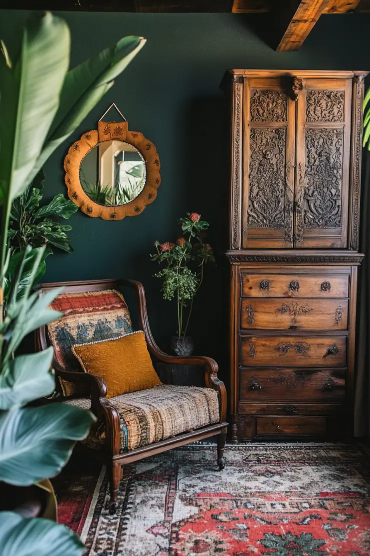 Boho bedroom corner with a dark wooden dresser, vintage chair, and lush plants, creating a cozy, elegant space with earthy tones and rich textures.