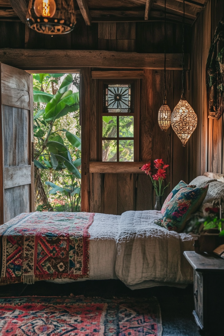 Rustic boho bedroom with hanging lights, textured bedding, and natural wood elements, creating a cozy retreat with lush greenery and earthy tones.