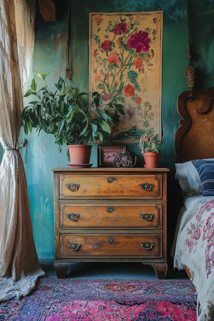 Boho bedroom dresser styled with potted plants, cozy textiles, and vintage wall hangings, showcasing bedroom decor ideas and dresser storage inspiration for a bohemian chic look.