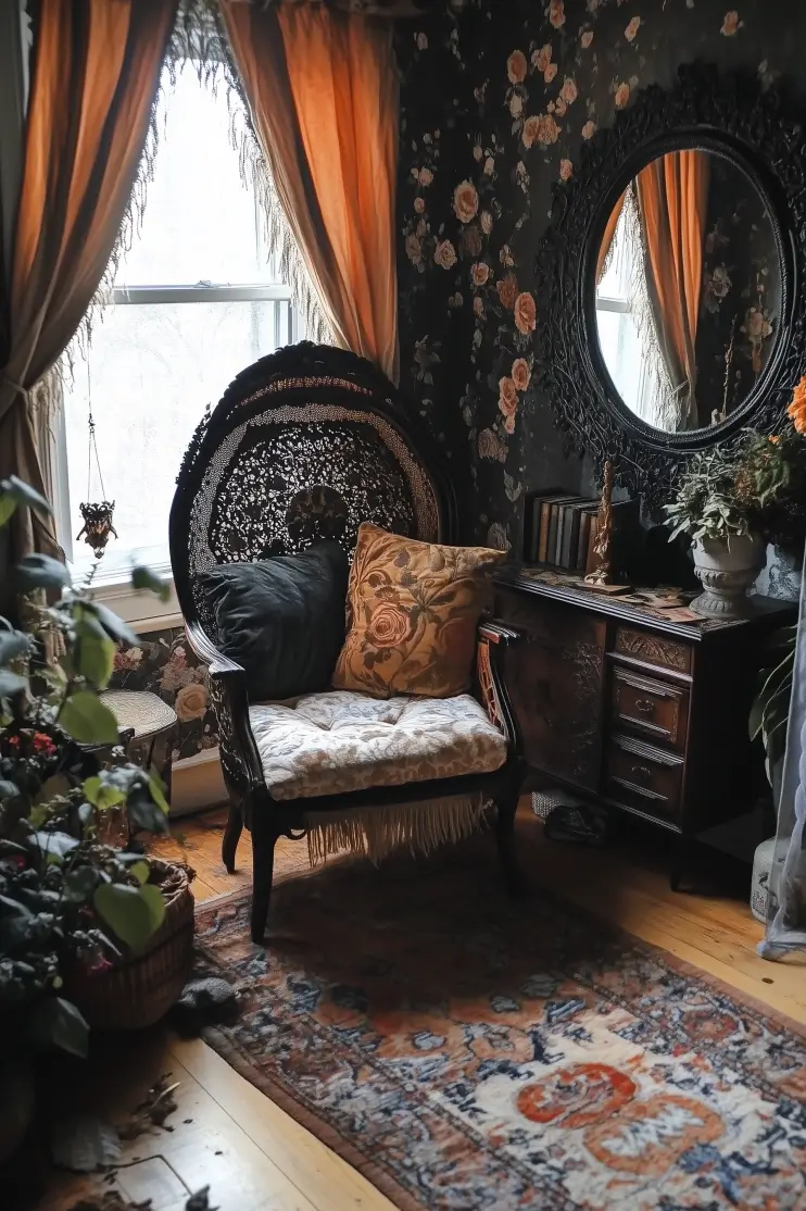 Boho bedroom corner with black floral wallpaper, vintage chair, and wooden vanity, creating a cozy and elegant retreat with rich textures and warm tones.