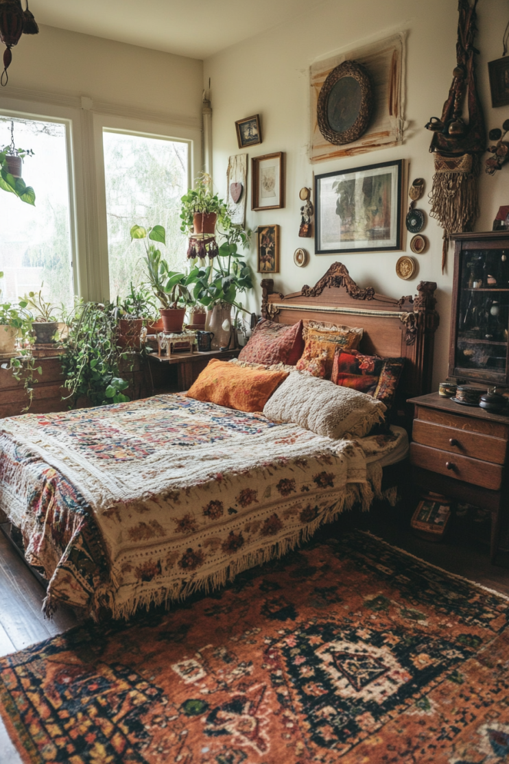 Vintage boho bedroom featuring antique wooden furniture, layered Persian rugs, and lush indoor plants for a cozy and eclectic aesthetic.