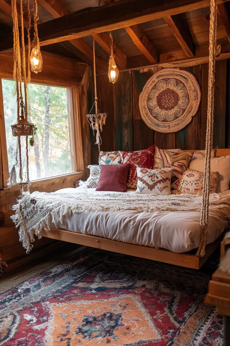 Cozy boho bedroom with a hanging bed, soft pillows, macrame decor, and rustic wood finishes.