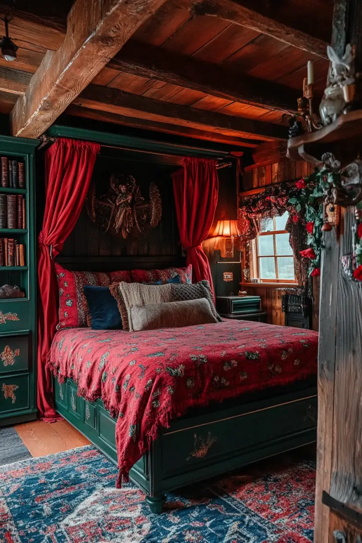 Dark moody boho bedroom with vintage canopy bed, rich red textiles, and rustic wood beams.