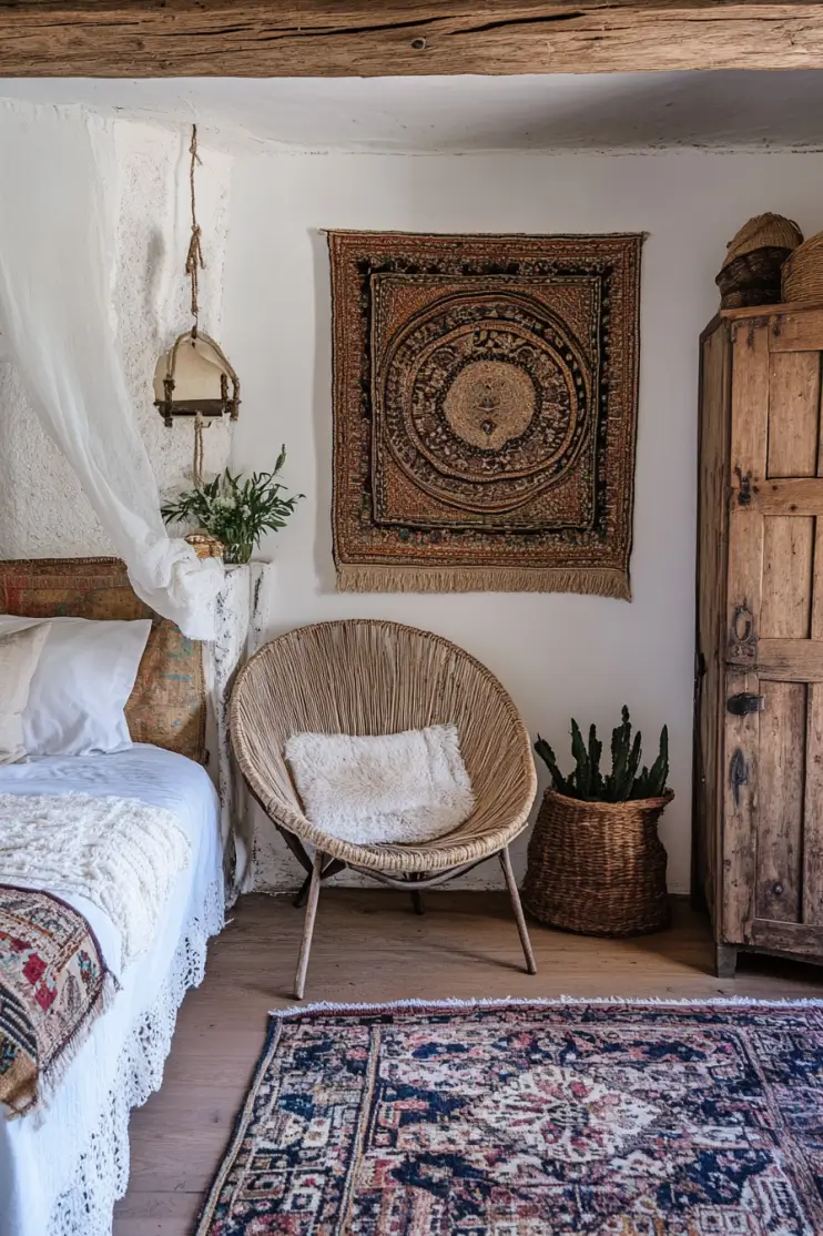 Boho bedroom design with a cozy chair, patterned carpet, rustic wooden wardrobe, and wall decor featuring earthy tones and natural textures.