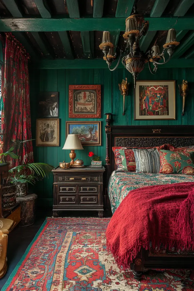 Luxurious boho bedroom with deep green walls, vintage art, ornate chandelier, and dark wood furniture.