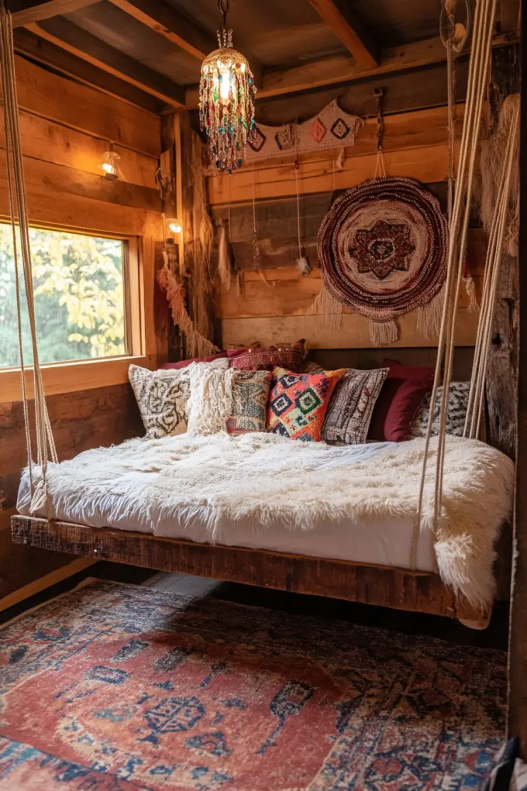 Rustic boho bedroom with floating bed, woven wall decor, and warm earthy tones.