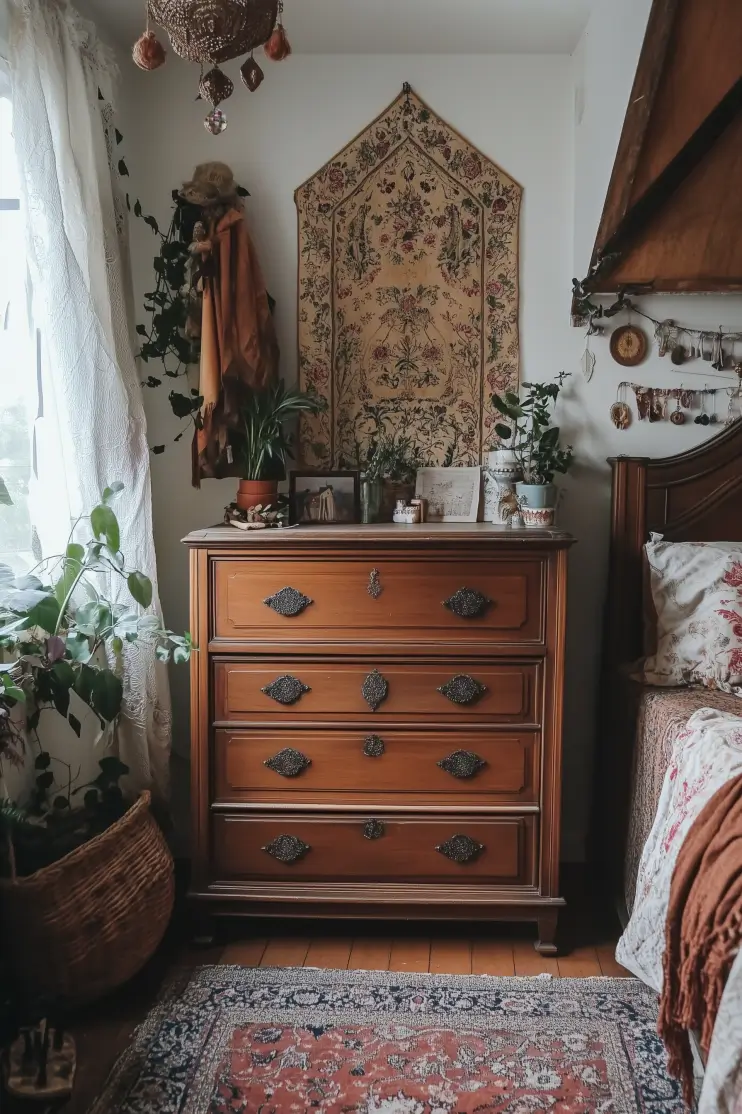 Boho bedroom with a tall vintage dresser, layered decor, plants, and bohemian chic accents, creating a cozy and stylish retreat.