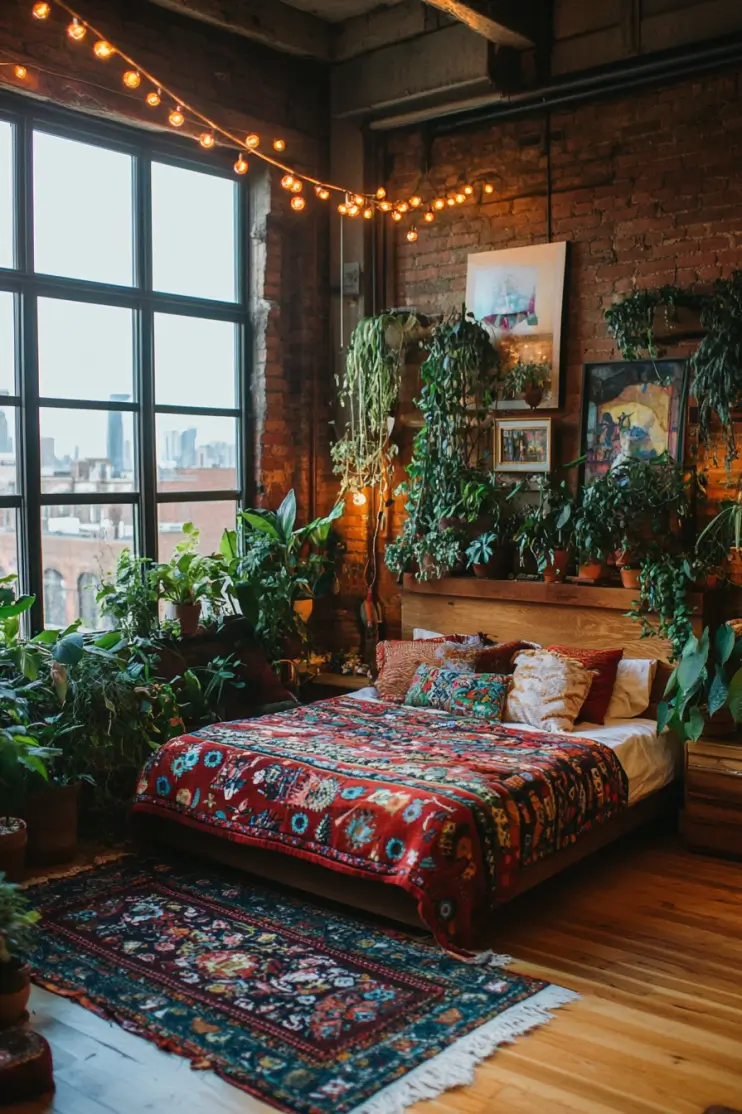 Industrial boho bedroom with exposed brick walls, vibrant Persian rugs, string lights, and lush greenery creating a cozy and artistic atmosphere.