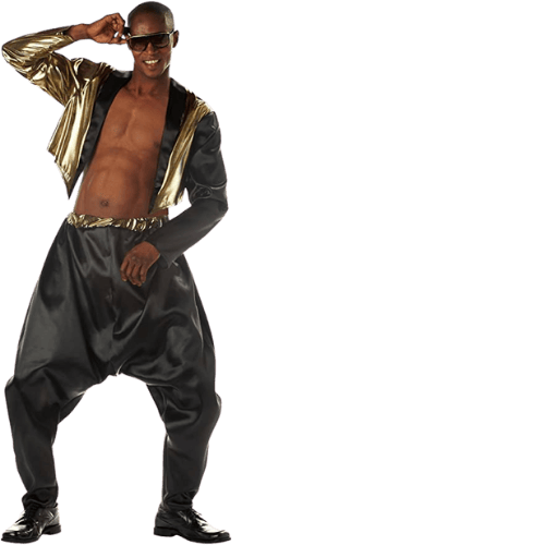 buy MC Hammer Pants black and gold worn by male model 90s rapper in fashion costume