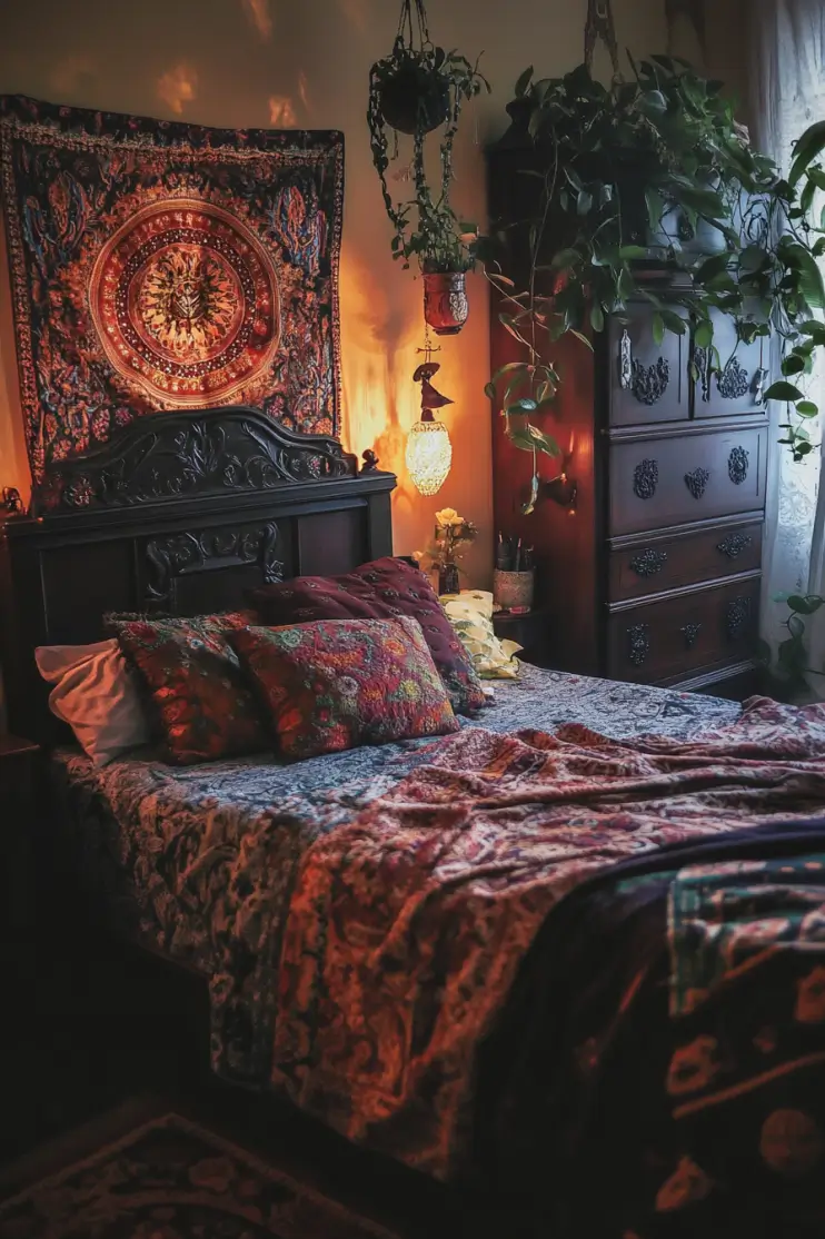 Dark boho bedroom with vintage tapestry, warm ambient lighting, and rich layered textiles.