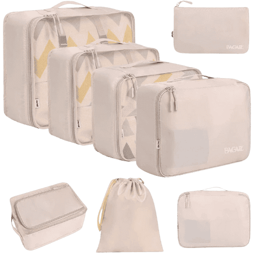 Set of seven packing cubes for carry on luggage